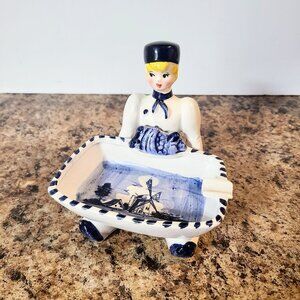 Vintage 1960s Dutch Boy Porcelain Ashtray, Blue Delft Style Holland Windmill